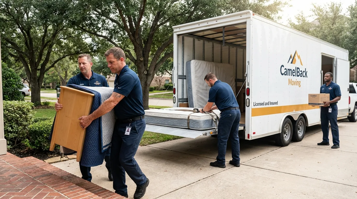 Crew loading residential truck for cross-state move from Monroe, IA