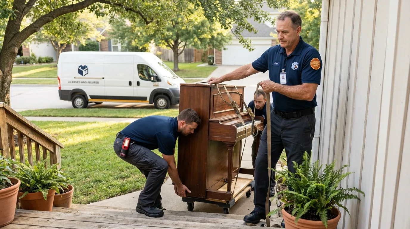 Licensed piano movers securing grand piano in Monroe, IA