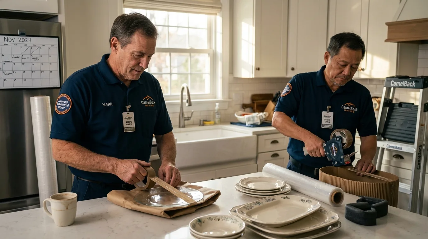 Professional crew packing kitchen dishware in Monroe, IA